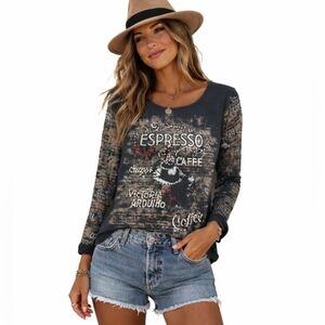 Woman's ESPRESSO coffee Top T-shirt 100% Cotton Size Large All Over Print Bling